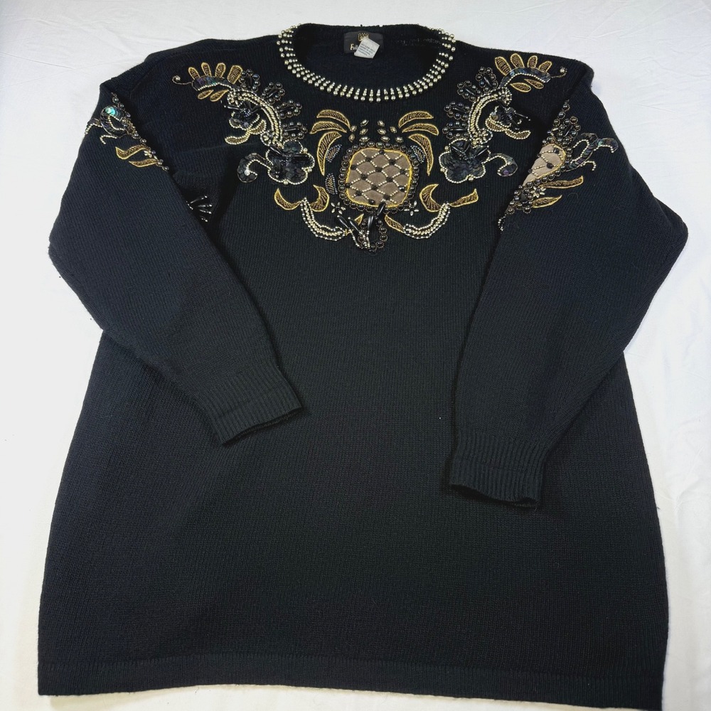 Vintage Fully Fashion Sweater Women's Large Lambswool Angora Bedazzled Beaded - Picture 2 of 8